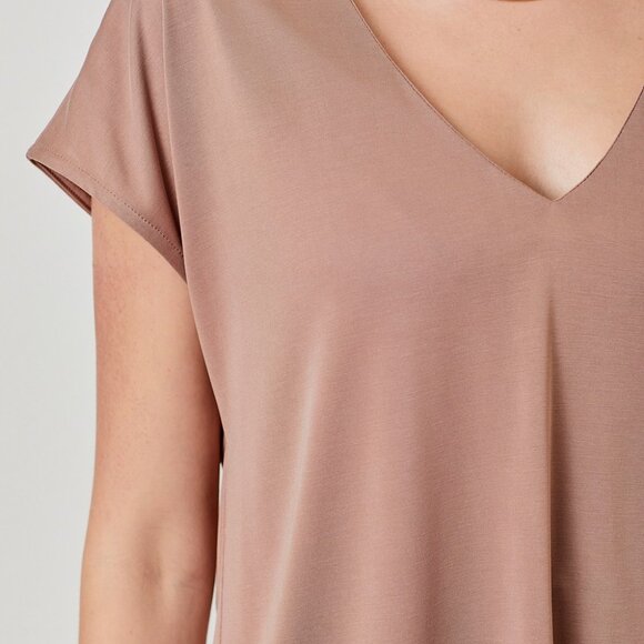 MYSTREE Mauve V-Neck Blouse Top, Soft Stretchy Short Sleeve Basic Tee Minimalist - Picture 4 of 4